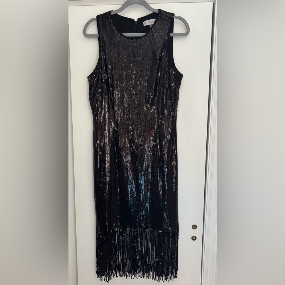 Tahari Black Sequin Dress with Fringe Hem